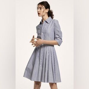 Eliza J Blue And White 3/4 Sleeve Striped Shirt Dress Midi Size 14